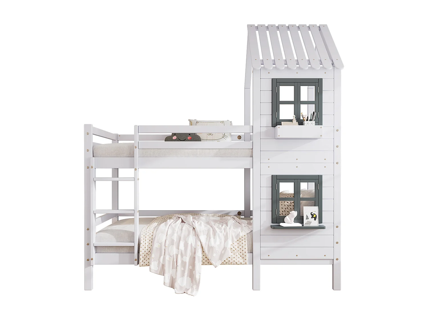 Litera infantil tipo cabaña de 90x200 cm – Pino blanco, ventana, barandilla de seguridad.