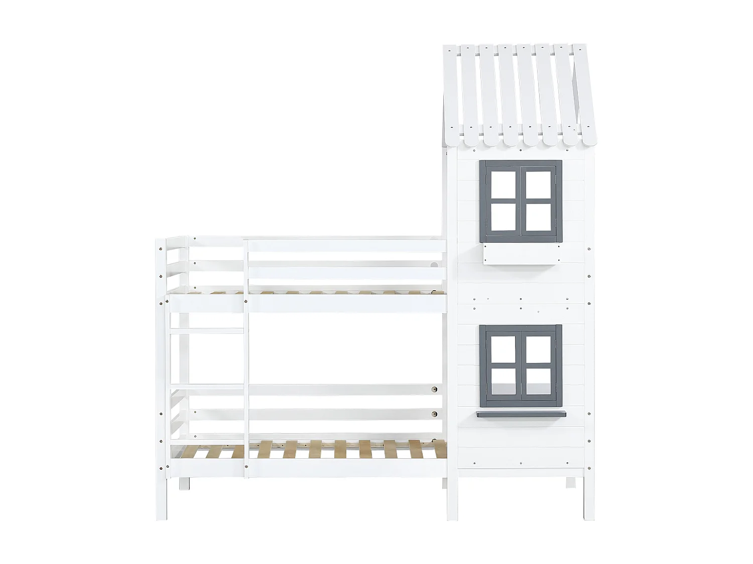 Litera infantil tipo cabaña de 90x200 cm – Pino blanco, ventana, barandilla de seguridad.