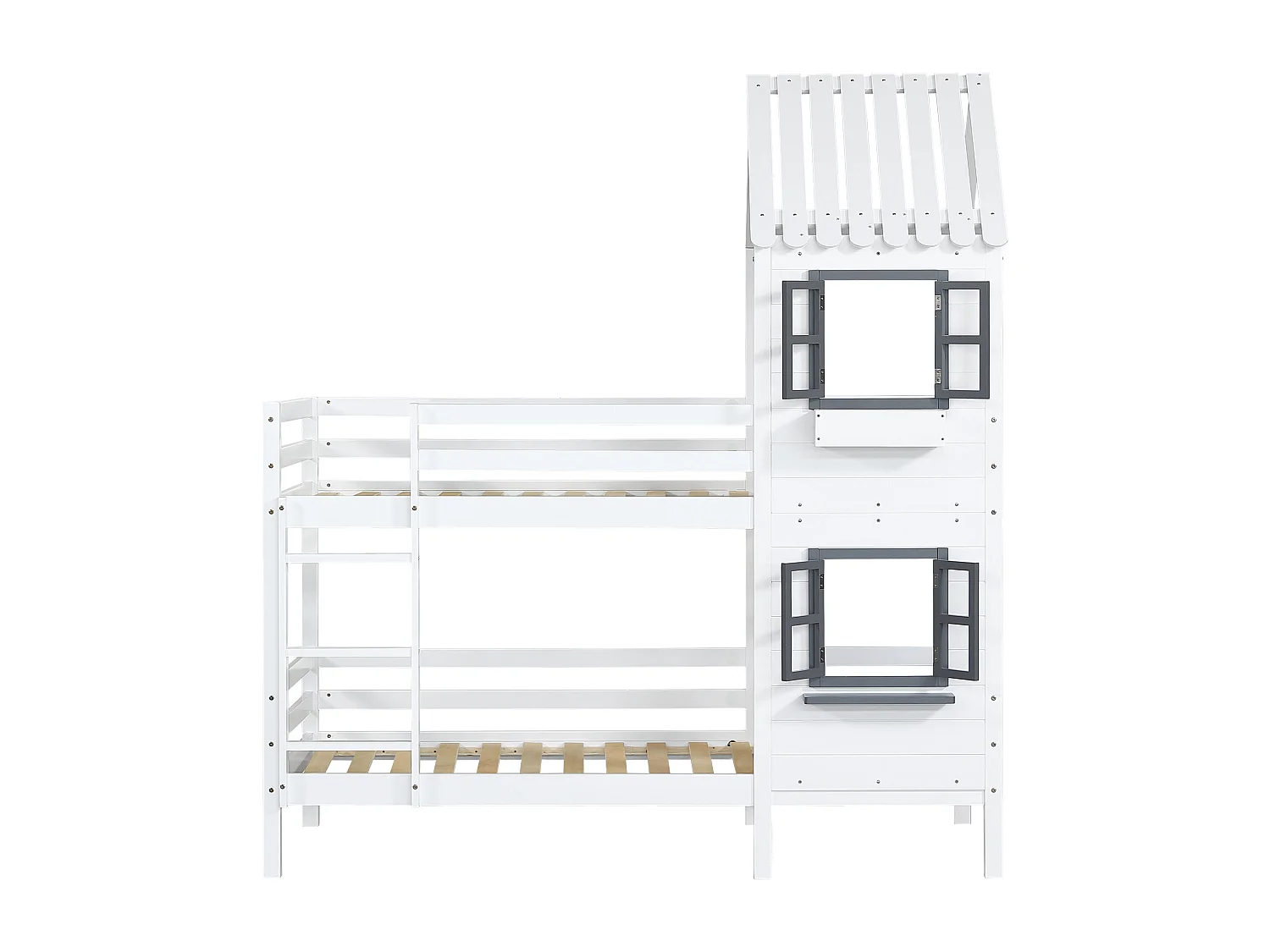 Litera infantil tipo cabaña de 90x200 cm – Pino blanco, ventana, barandilla de seguridad.