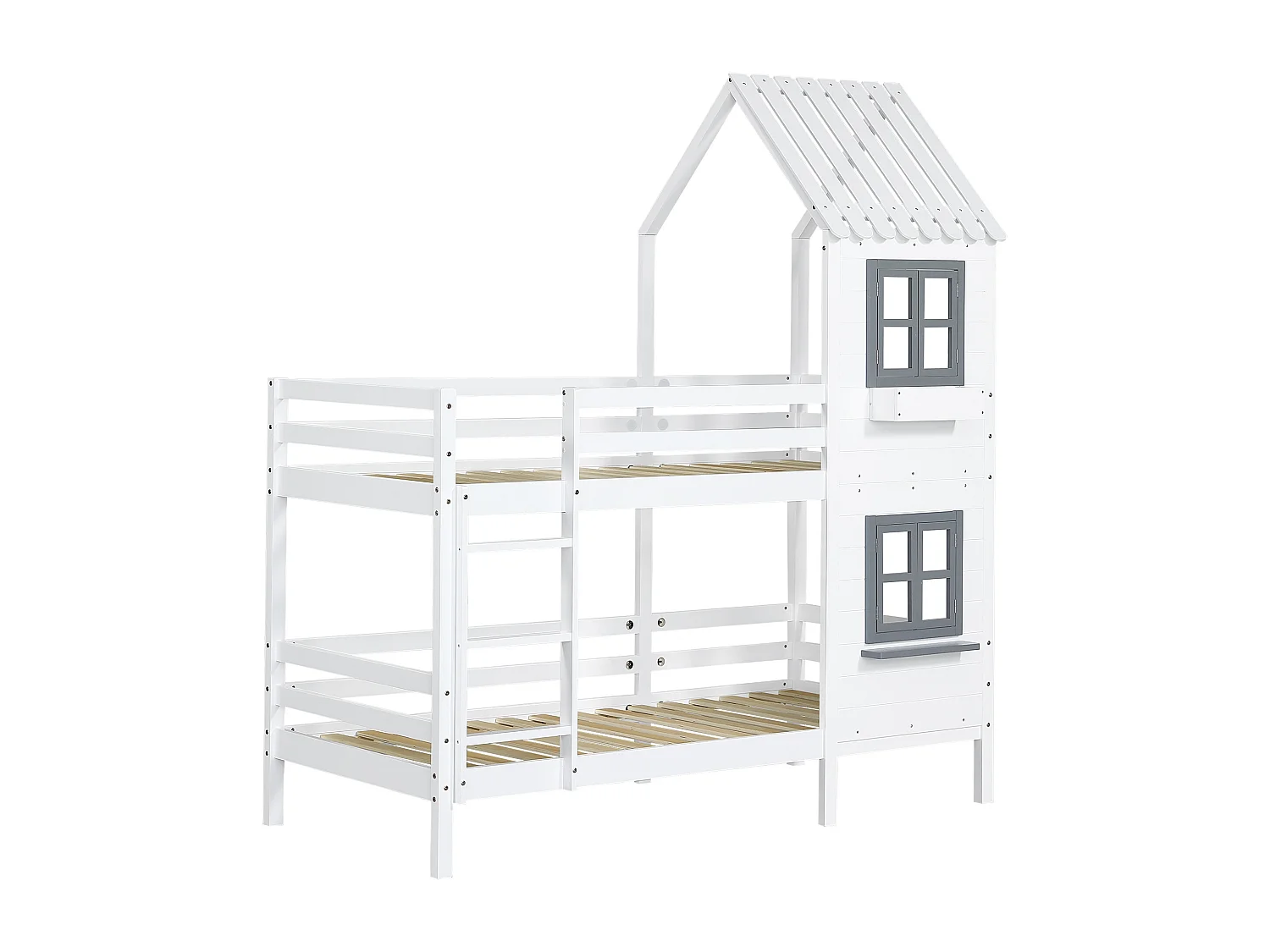 Litera infantil tipo cabaña de 90x200 cm – Pino blanco, ventana, barandilla de seguridad.