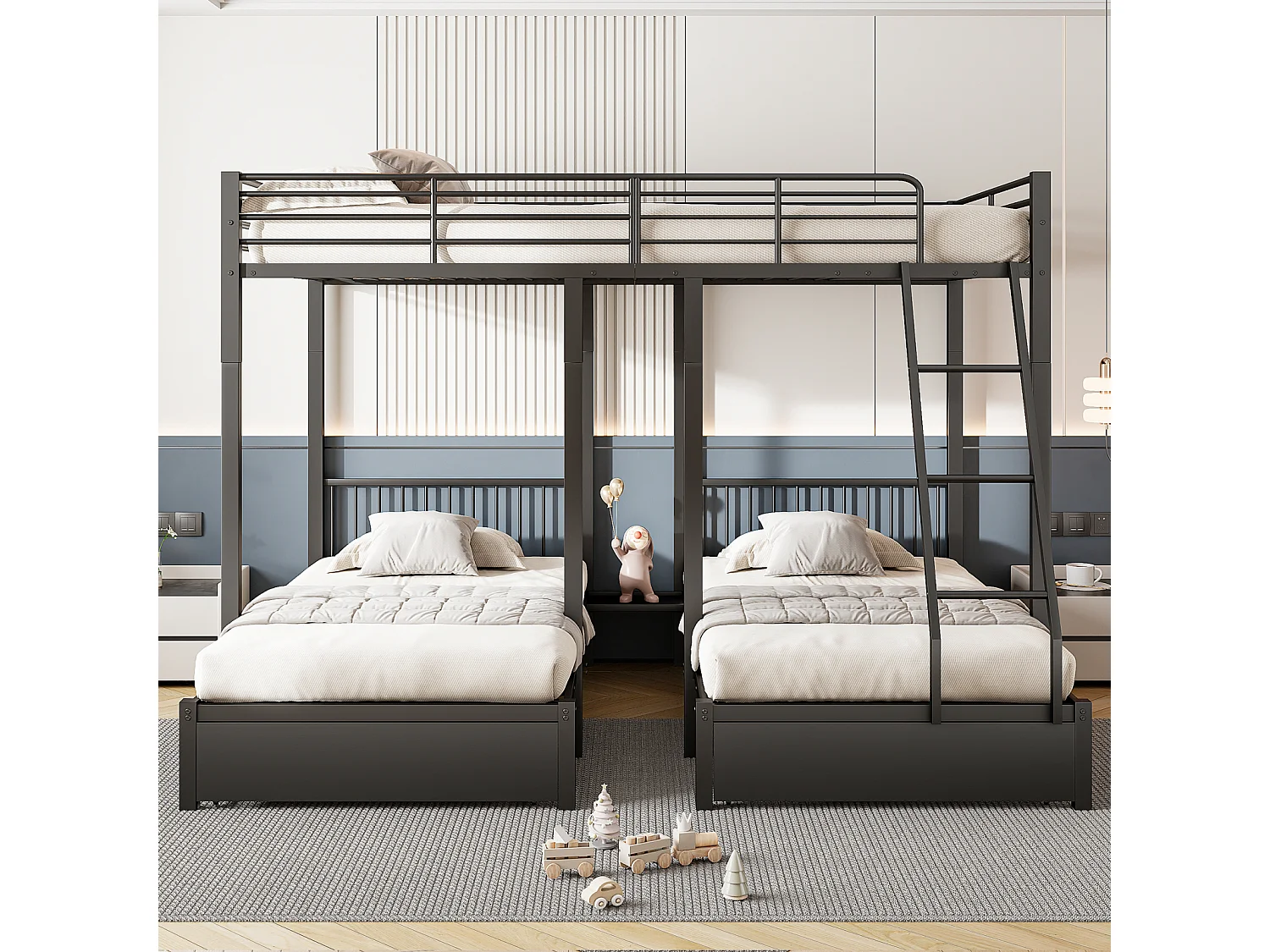 Lit superposé triple 140x200 + 2x90x200 cm – Métal noir, échelle et 2 tiroirs, sommier inclus
