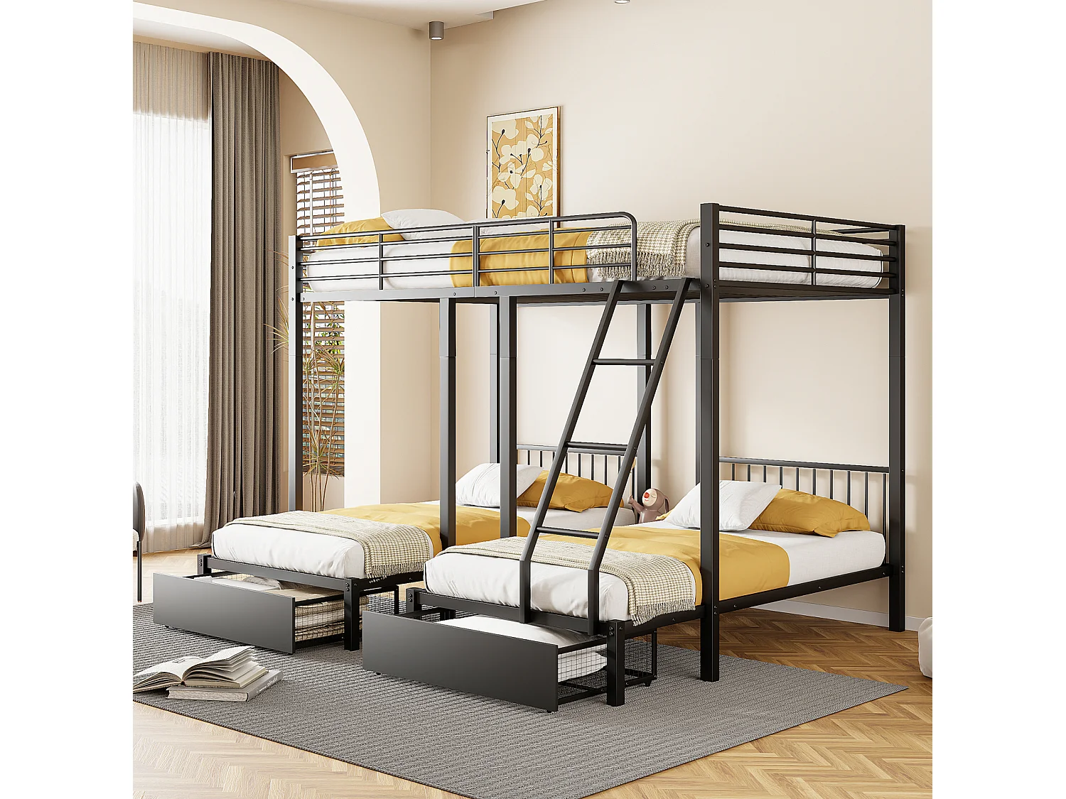 Lit superposé triple 140x200 + 2x90x200 cm – Métal noir, échelle et 2 tiroirs, sommier inclus