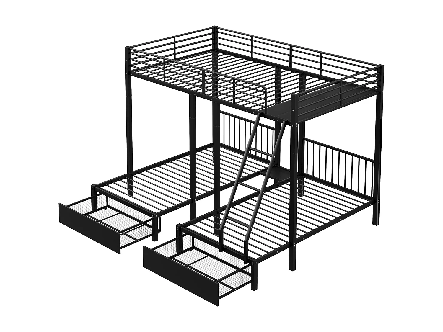 Lit superposé triple 140x200 + 2x90x200 cm – Métal noir, échelle et 2 tiroirs, sommier inclus