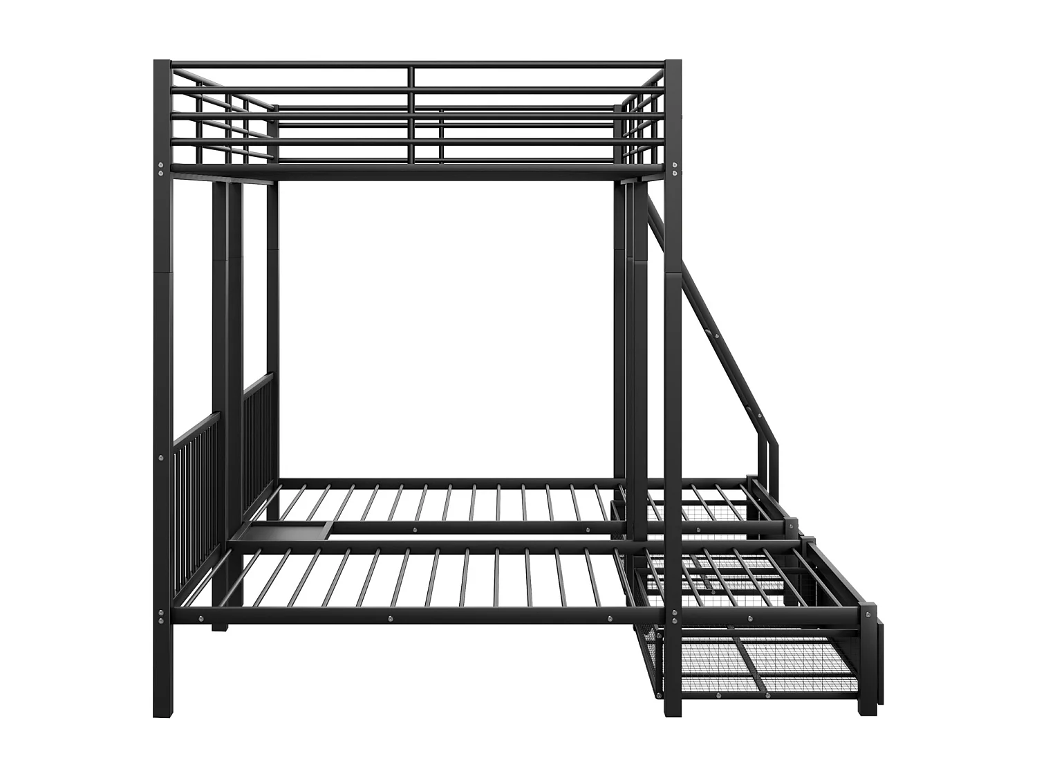 Lit superposé triple 140x200 + 2x90x200 cm – Métal noir, échelle et 2 tiroirs, sommier inclus