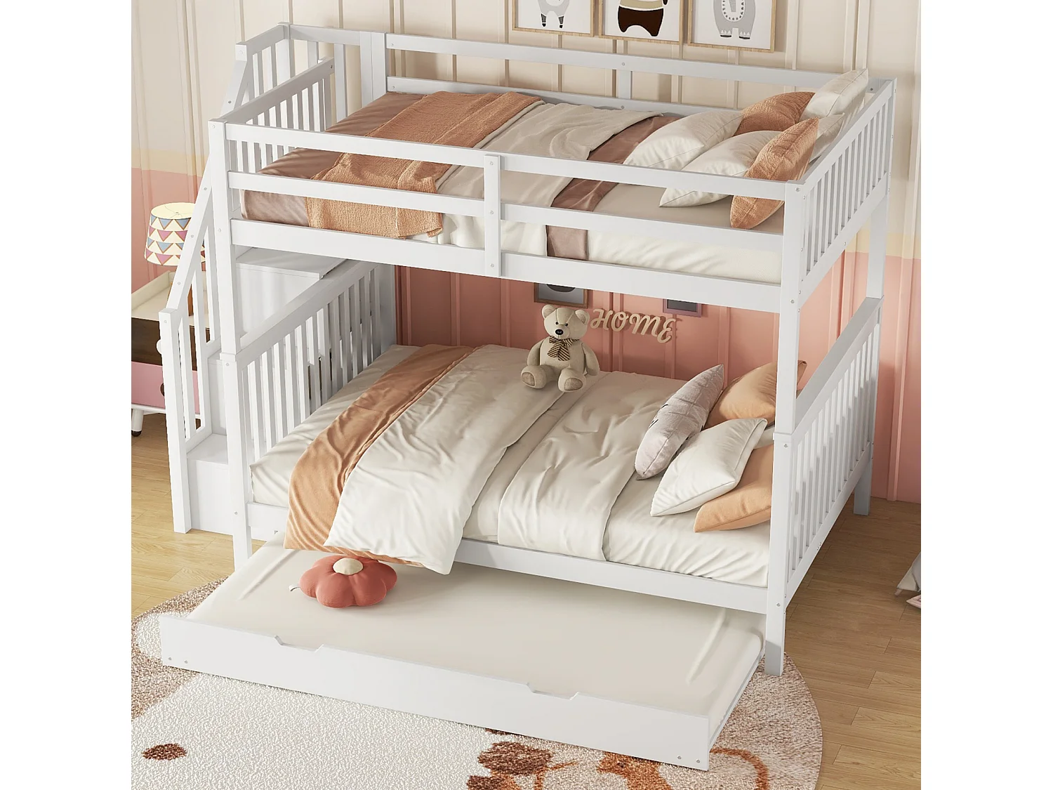 Stapelbed 140x200 cm met uitschuifbed en trapplank – Wit, hoge veiligheidshekjes, EN747-1