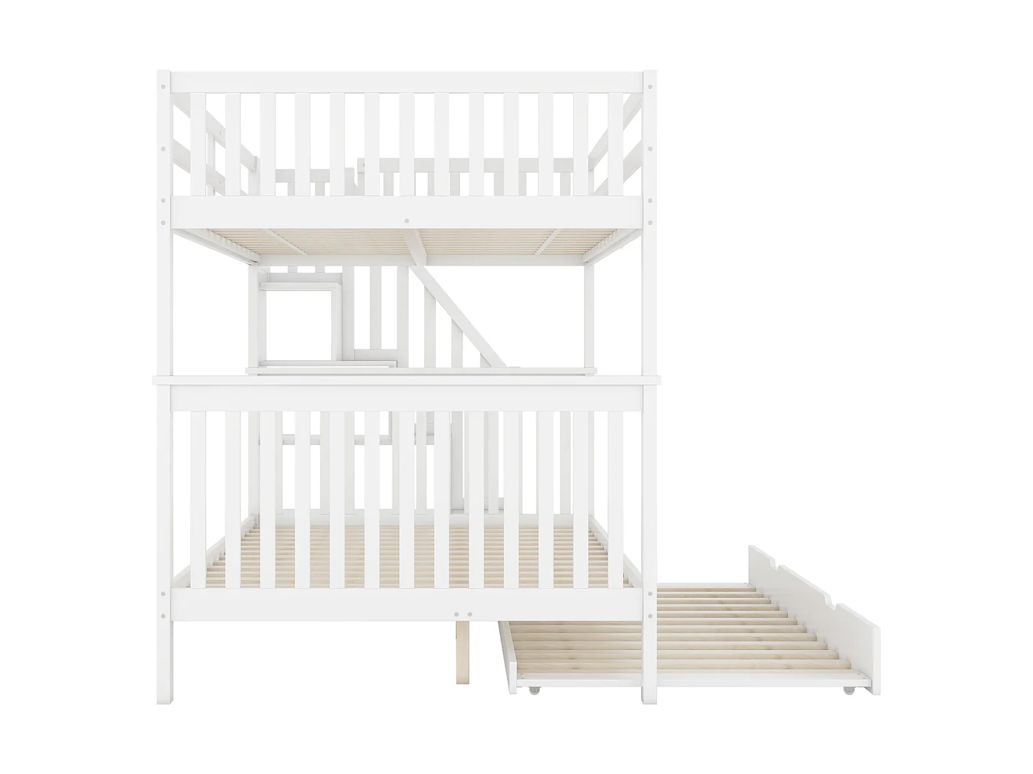 Stapelbed 140x200 cm met uitschuifbed en trapplank – Wit, hoge veiligheidshekjes, EN747-1