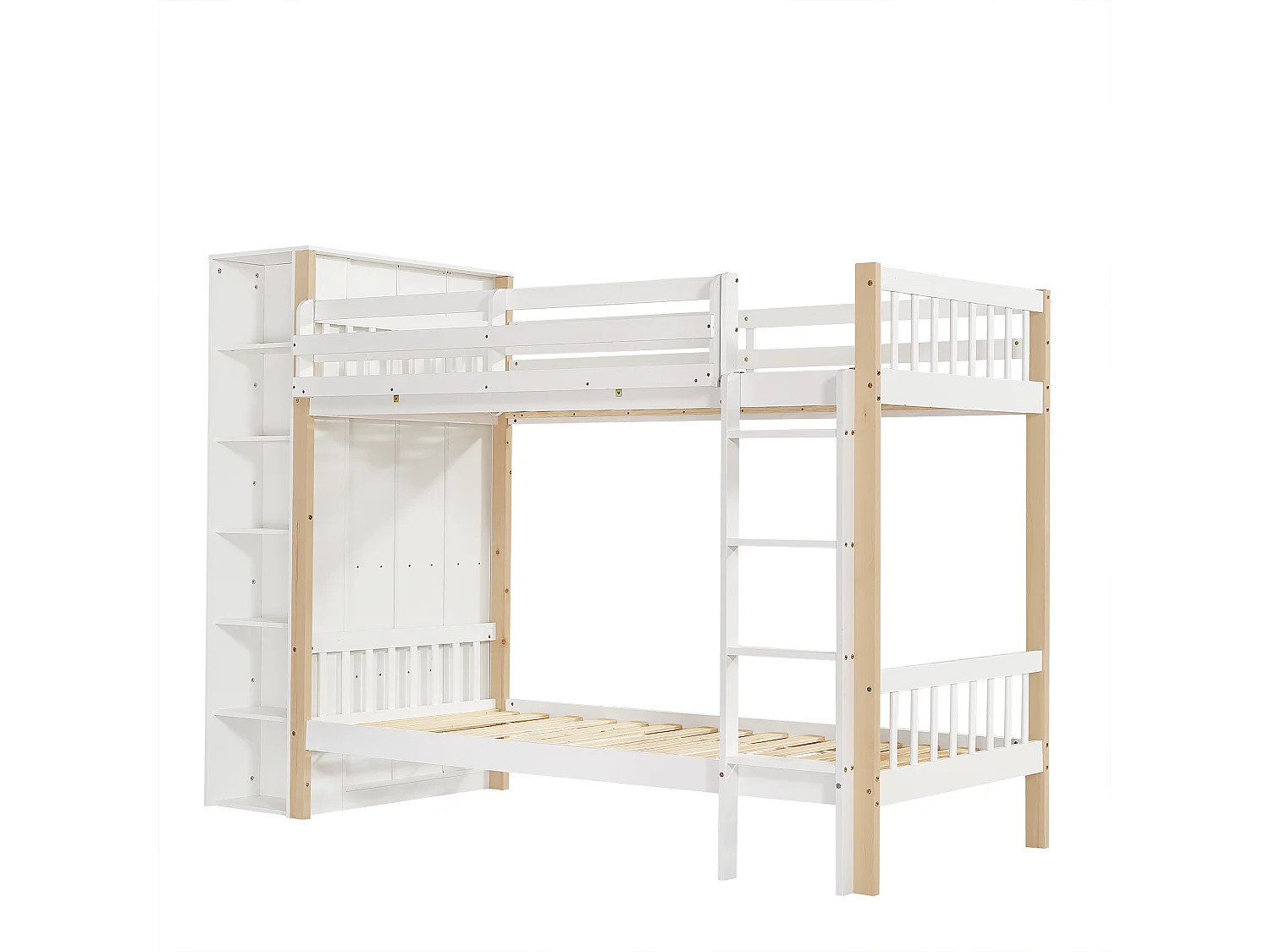 Lit superposé enfant 90x200 cm – Barrière, garde-corps, échelle 4 marches, 6 étagères, meuble latéral, pin + PB blanc/naturel