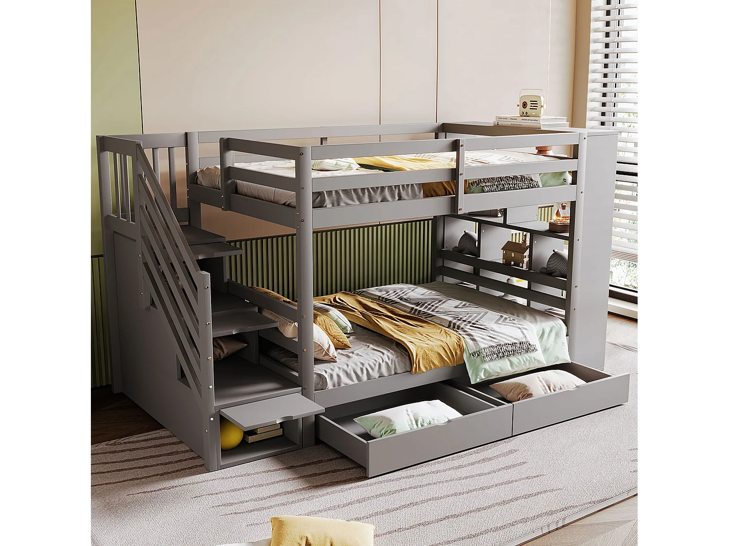 Lit superposé 90x200 cm – Échelle sécurisée, tiroirs et compartiments, structure pin gris, enfants et ados
