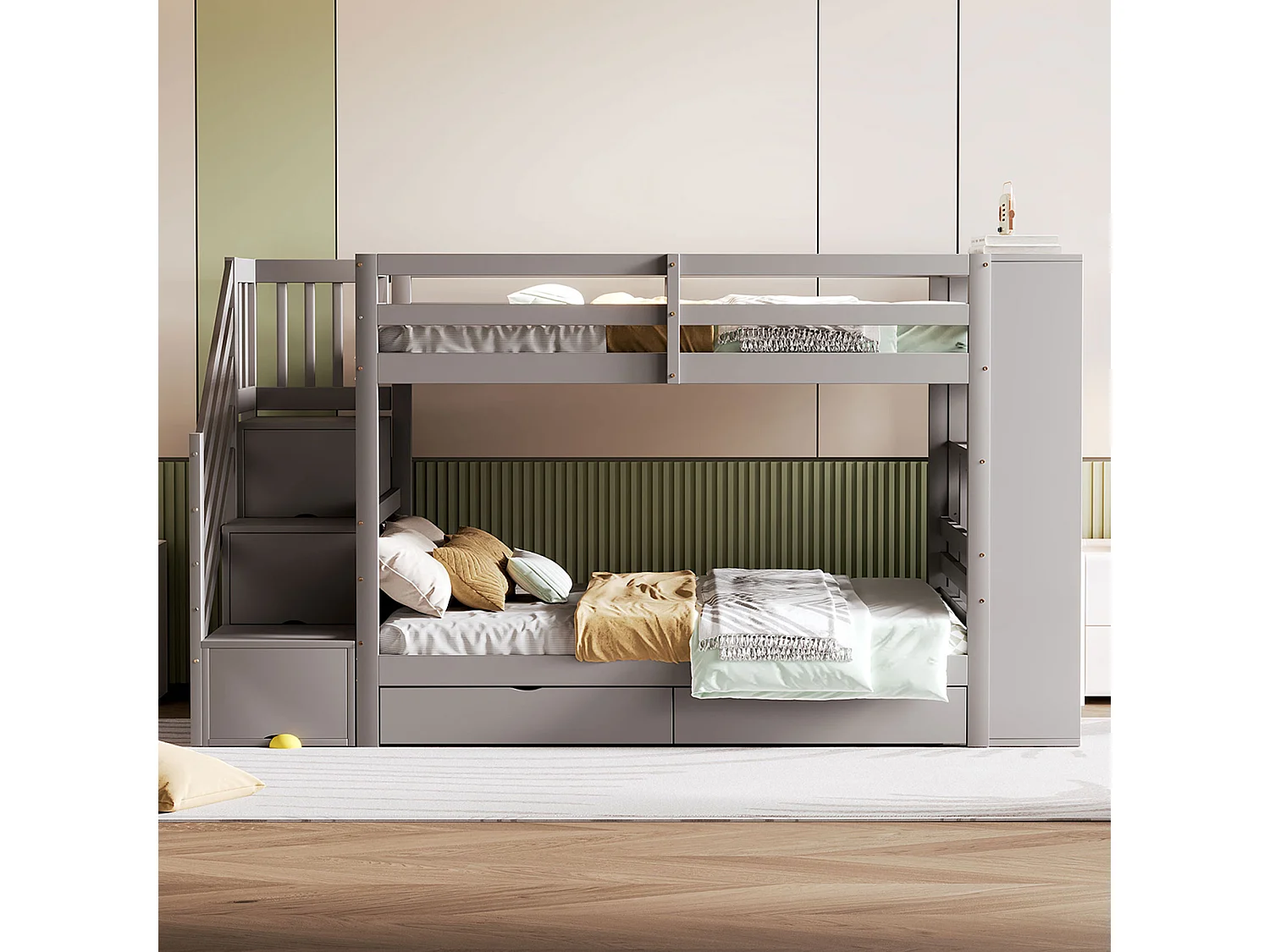 Lit superposé 90x200 cm – Échelle sécurisée, tiroirs et compartiments, structure pin gris, enfants et ados