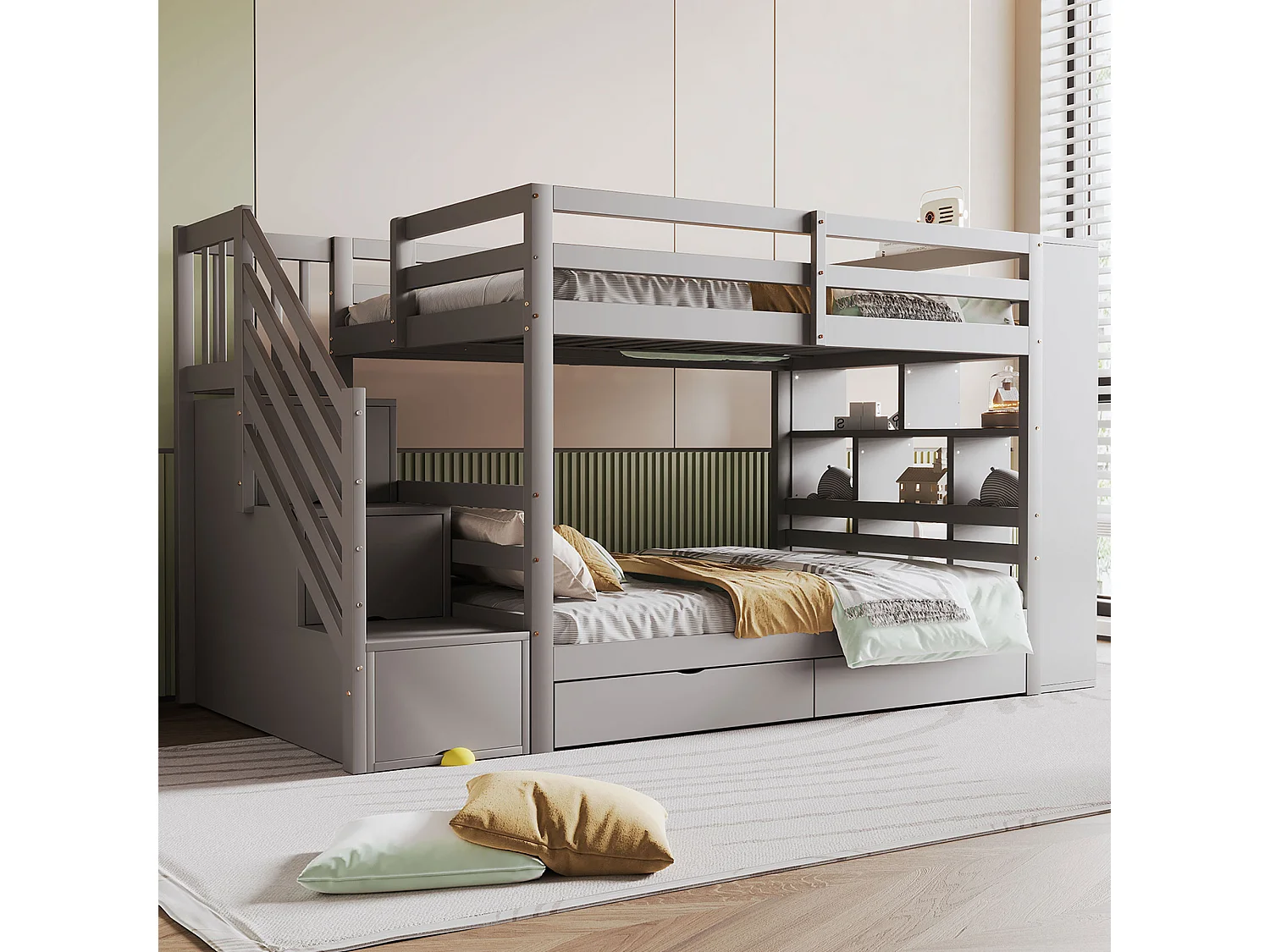 Lit superposé 90x200 cm – Échelle sécurisée, tiroirs et compartiments, structure pin gris, enfants et ados