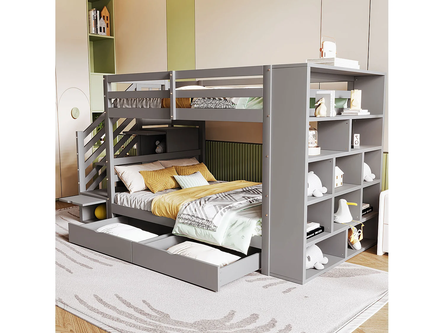 Lit superposé 90x200 cm – Échelle sécurisée, tiroirs et compartiments, structure pin gris, enfants et ados