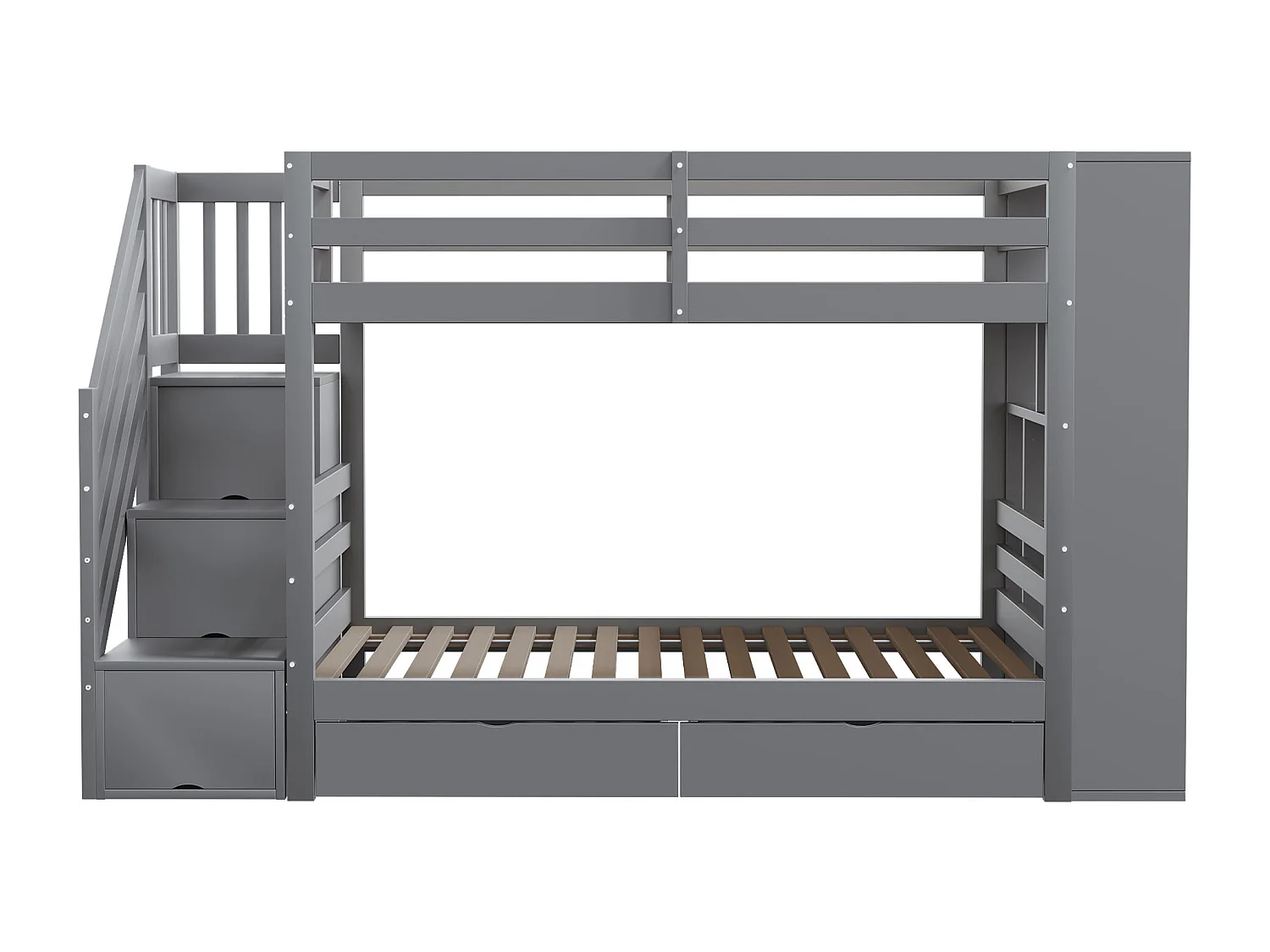 Lit superposé 90x200 cm – Échelle sécurisée, tiroirs et compartiments, structure pin gris, enfants et ados