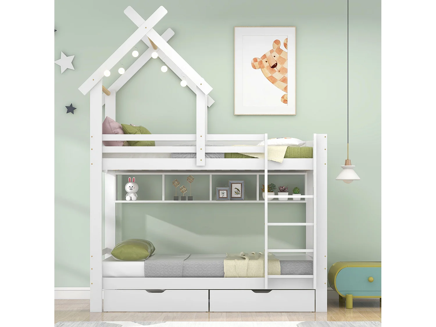 Lit superposé maison 90x200 cm – Échelle 3 niveaux, tiroirs, étagères, barrière sécurité, pin blanc