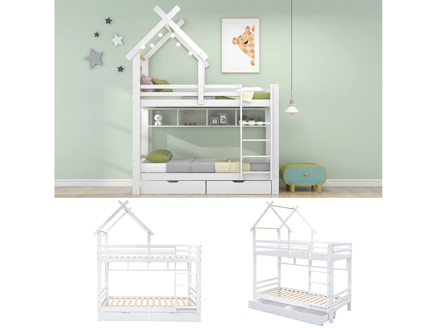 Lit superposé maison 90x200 cm – Échelle 3 niveaux, tiroirs, étagères, barrière sécurité, pin blanc