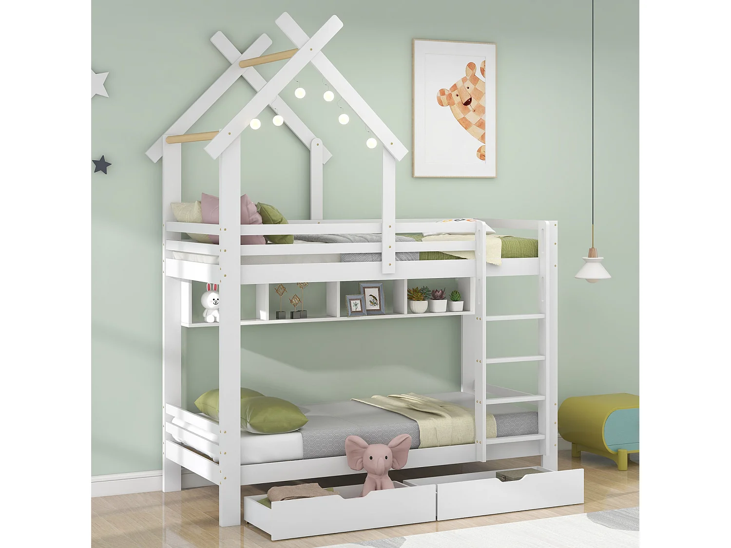 Lit superposé maison 90x200 cm – Échelle 3 niveaux, tiroirs, étagères, barrière sécurité, pin blanc