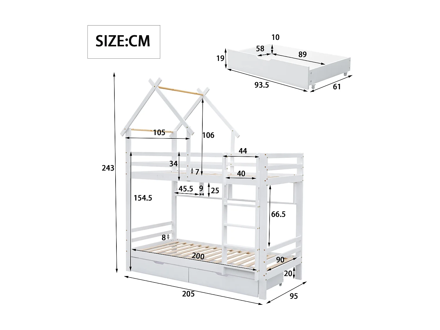 Lit superposé maison 90x200 cm – Échelle 3 niveaux, tiroirs, étagères, barrière sécurité, pin blanc