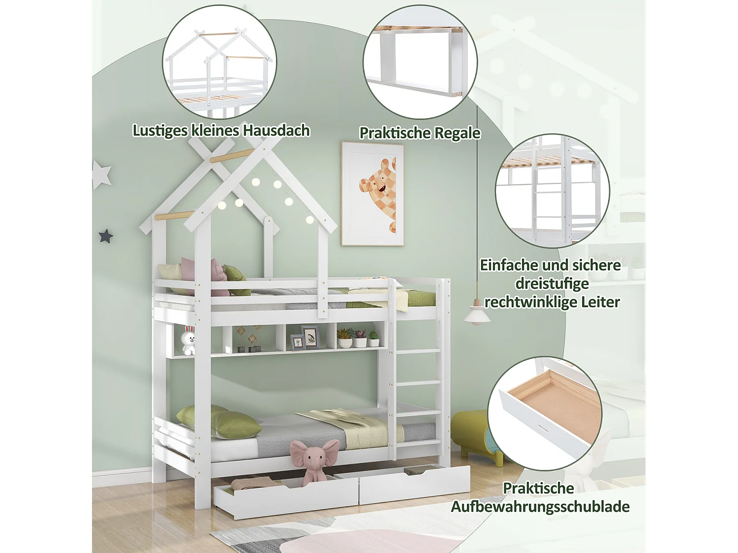 Lit superposé maison 90x200 cm – Échelle 3 niveaux, tiroirs, étagères, barrière sécurité, pin blanc