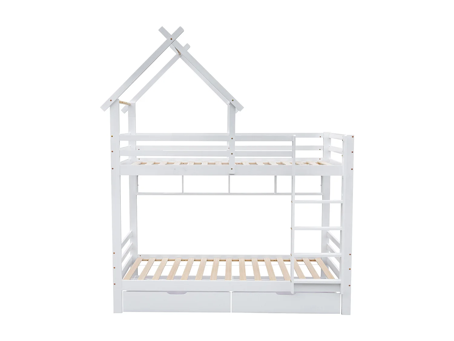 Lit superposé maison 90x200 cm – Échelle 3 niveaux, tiroirs, étagères, barrière sécurité, pin blanc