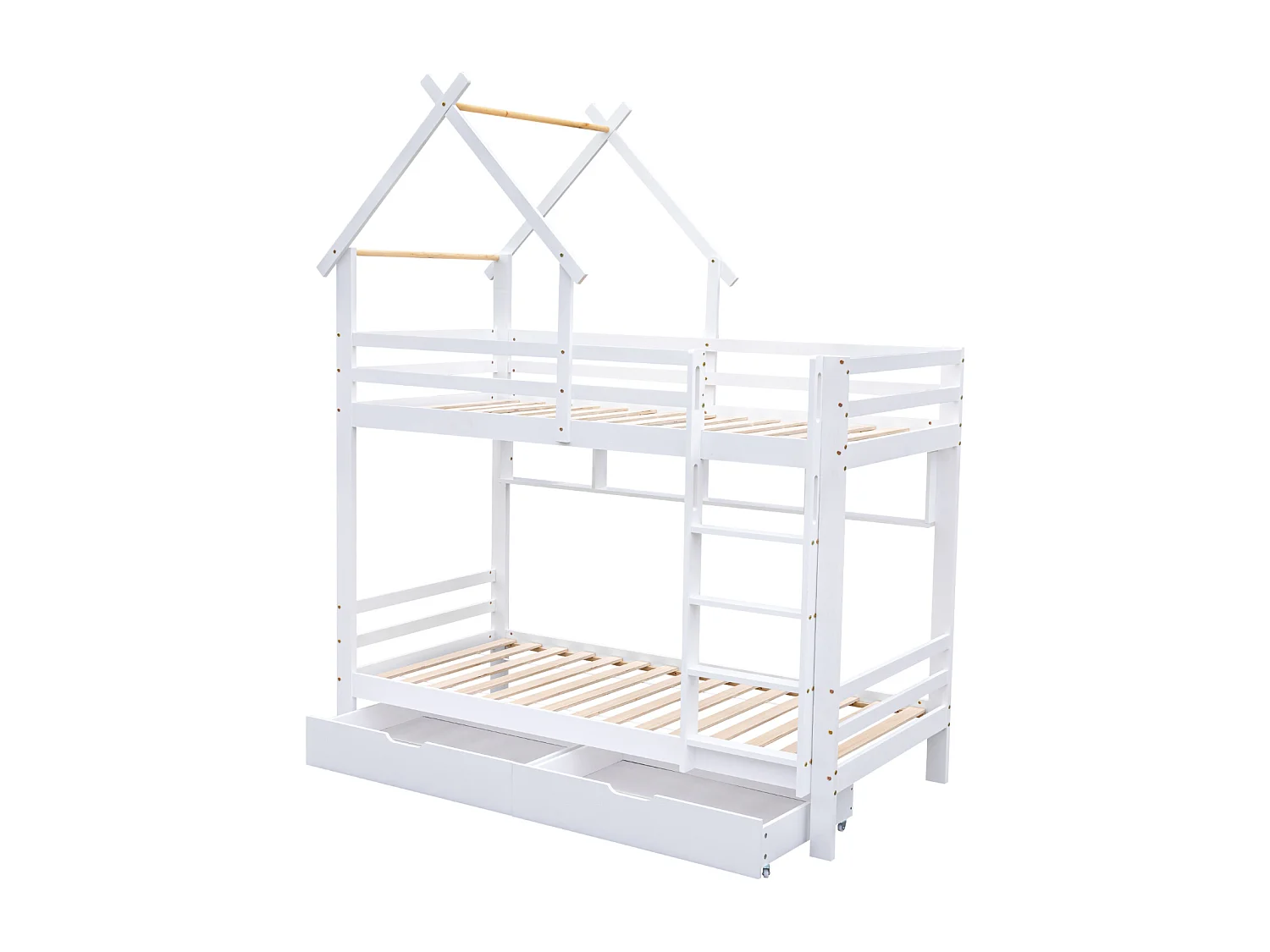 Lit superposé maison 90x200 cm – Échelle 3 niveaux, tiroirs, étagères, barrière sécurité, pin blanc
