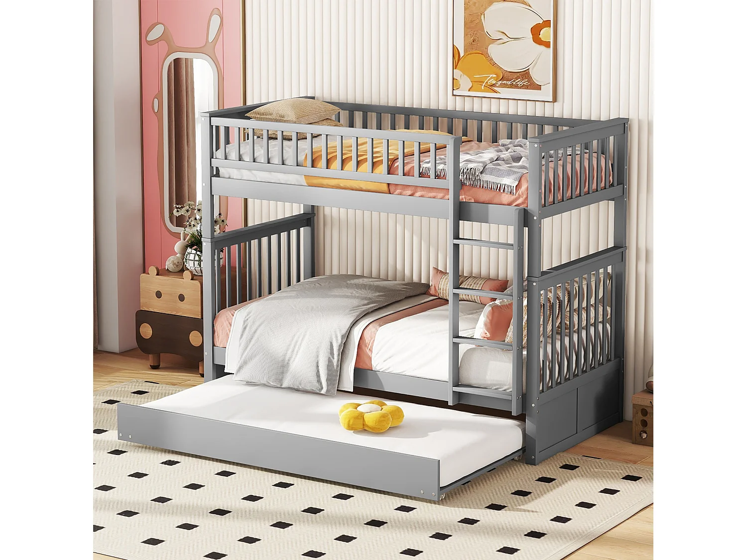 Lit superposé 90x200 cm avec lit gigogne 90x190 cm – Gris, garde-corps haut, anti-chute