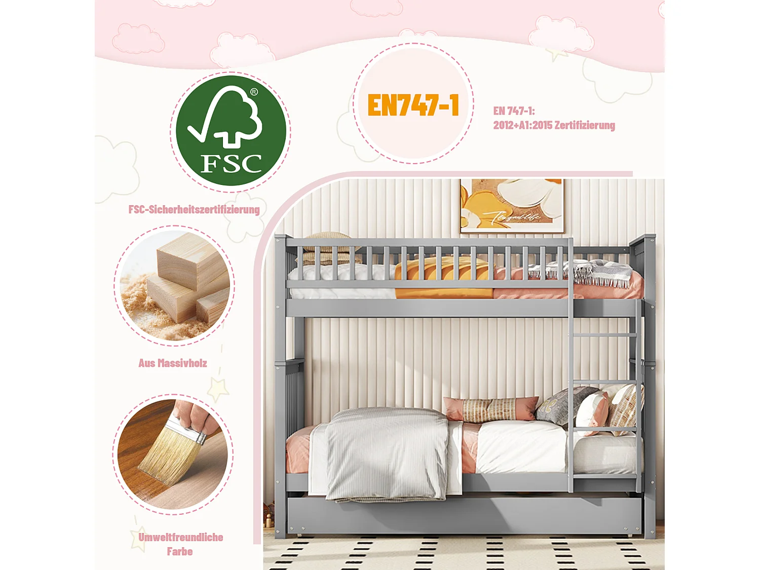 Lit superposé 90x200 cm avec lit gigogne 90x190 cm – Gris, garde-corps haut, anti-chute