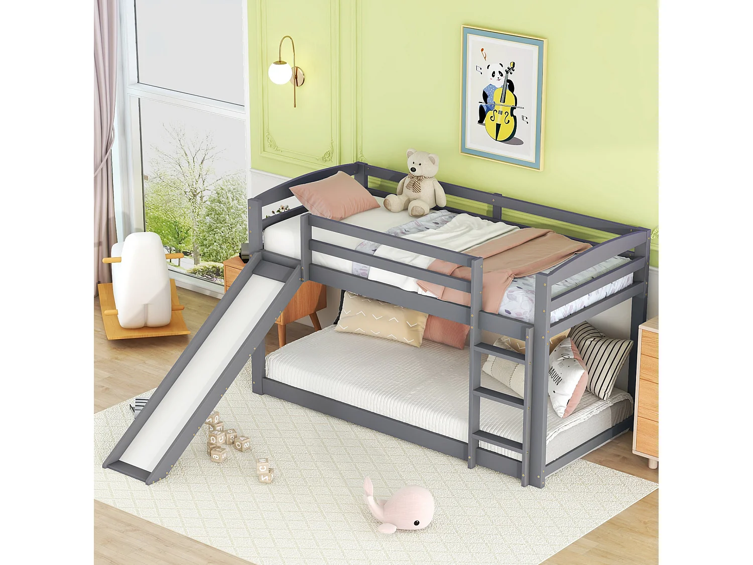 Lit superposé enfant 90x200 cm avec toboggan – Bois massif gris, sommier à lattes, montage facile