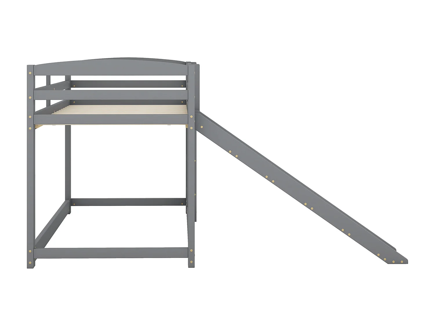 Lit superposé enfant 90x200 cm avec toboggan – Bois massif gris, sommier à lattes, montage facile