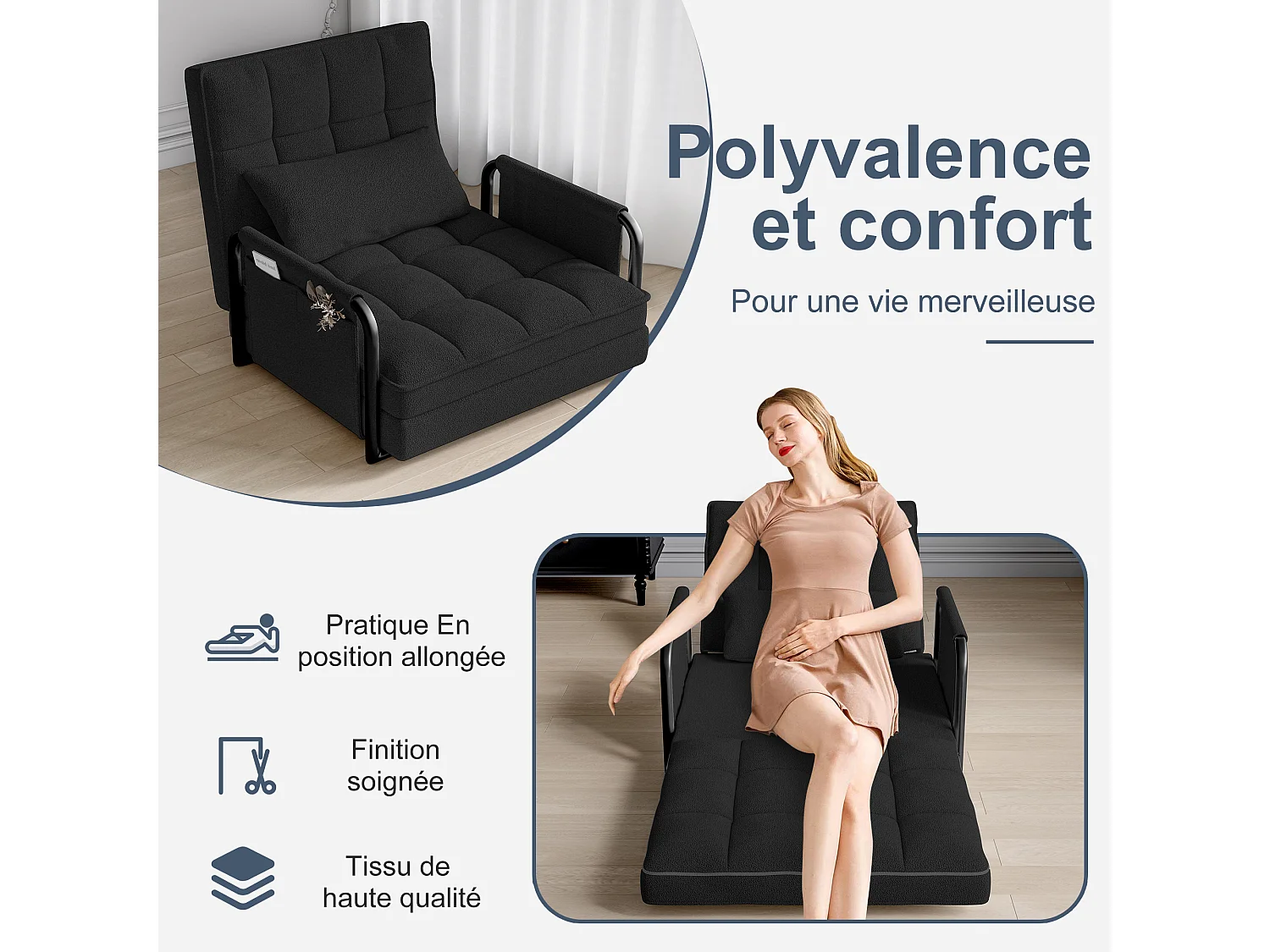 Canapé-lit 5 positions en tissu bouclette avec accoudoirs de rangement – Coloris noir, pratique et moderne