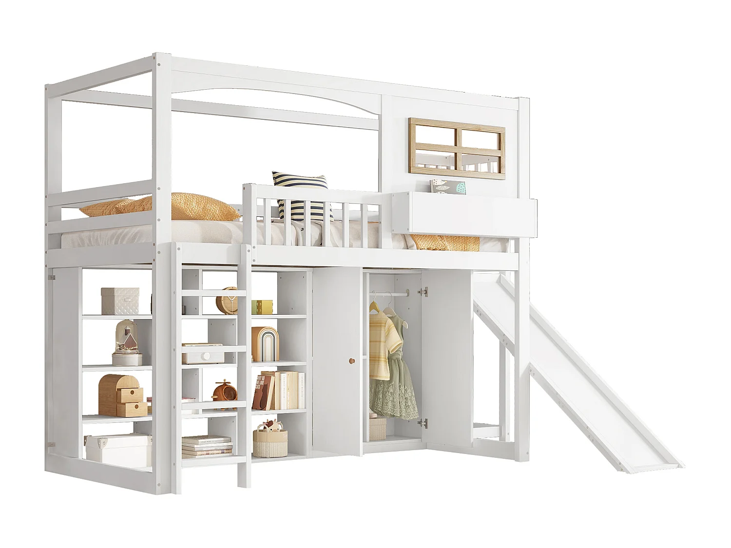 Beliche infantil 90x200 cm – Escorregador, grade de segurança, guarda-roupa, espaço para armazenamento, escada de 4 degraus, pinho + MDF + contraplacado branco
