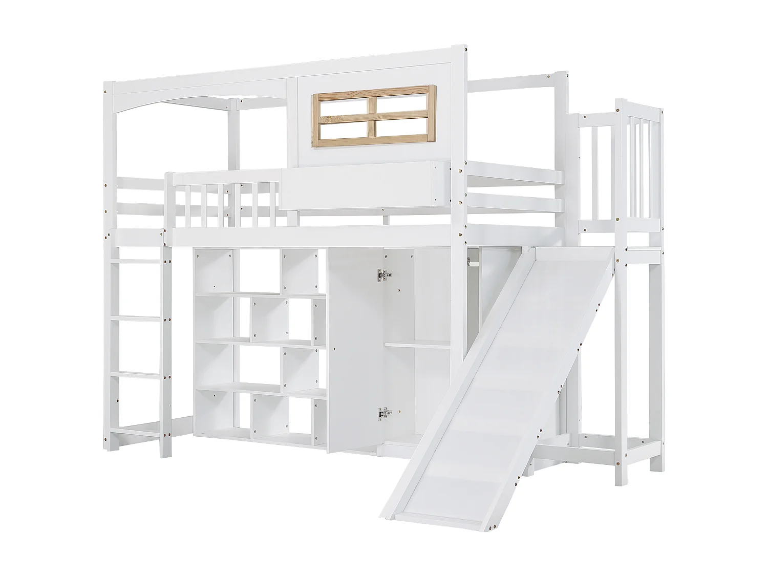 Beliche infantil 90x200 cm – Escorregador, grade de segurança, guarda-roupa, espaço para armazenamento, escada de 4 degraus, pinho + MDF + contraplacado branco
