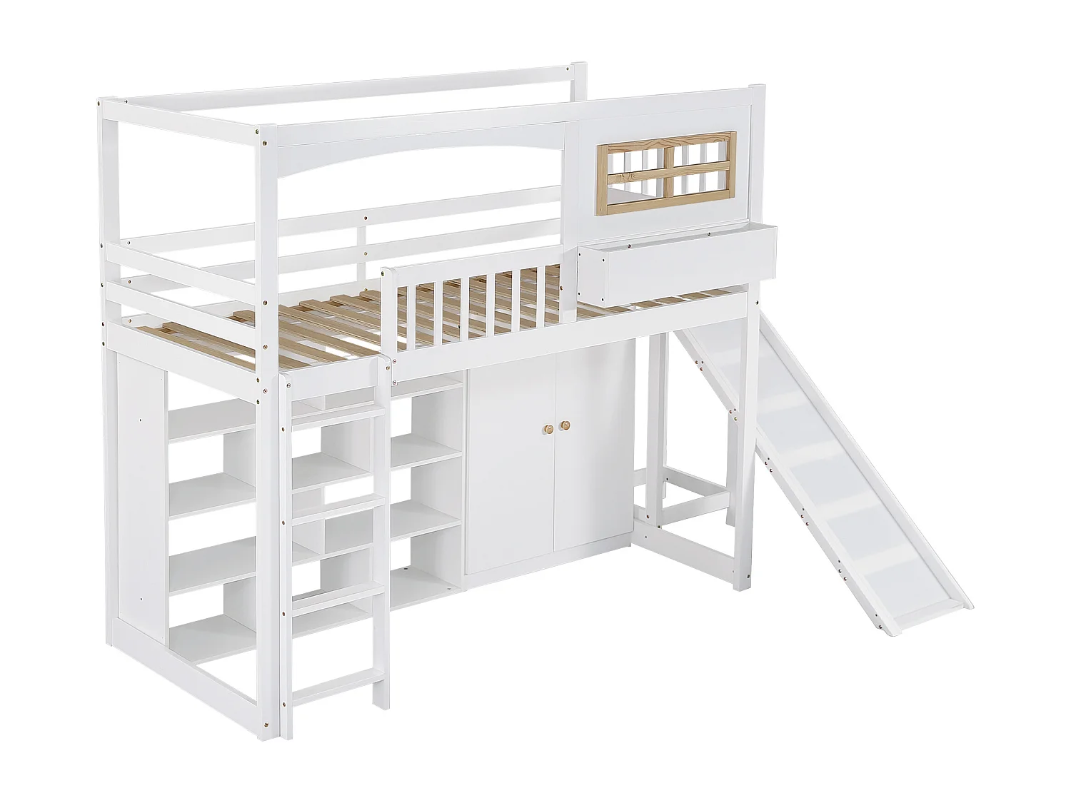 Beliche infantil 90x200 cm – Escorregador, grade de segurança, guarda-roupa, espaço para armazenamento, escada de 4 degraus, pinho + MDF + contraplacado branco