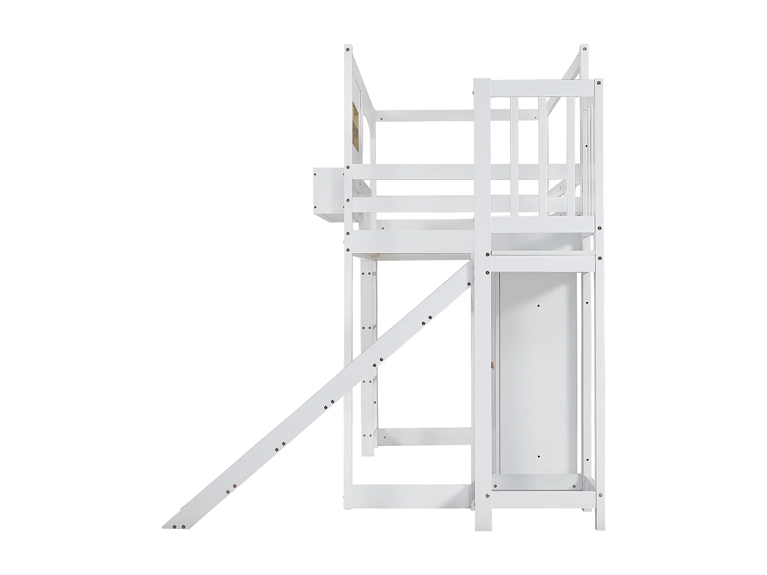 Beliche infantil 90x200 cm – Escorregador, grade de segurança, guarda-roupa, espaço para armazenamento, escada de 4 degraus, pinho + MDF + contraplacado branco