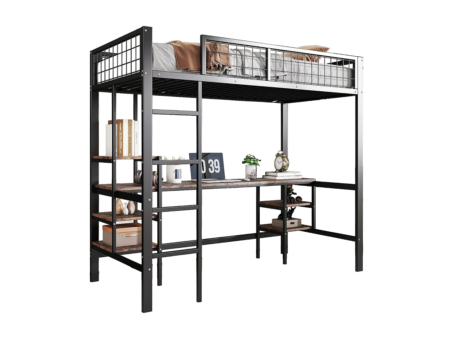 Letto a castello in ferro 90x200 cm – Per bambini/ragazzi, con tavolo, ripiano, scaletta a 4 gradini, nero + legno scuro