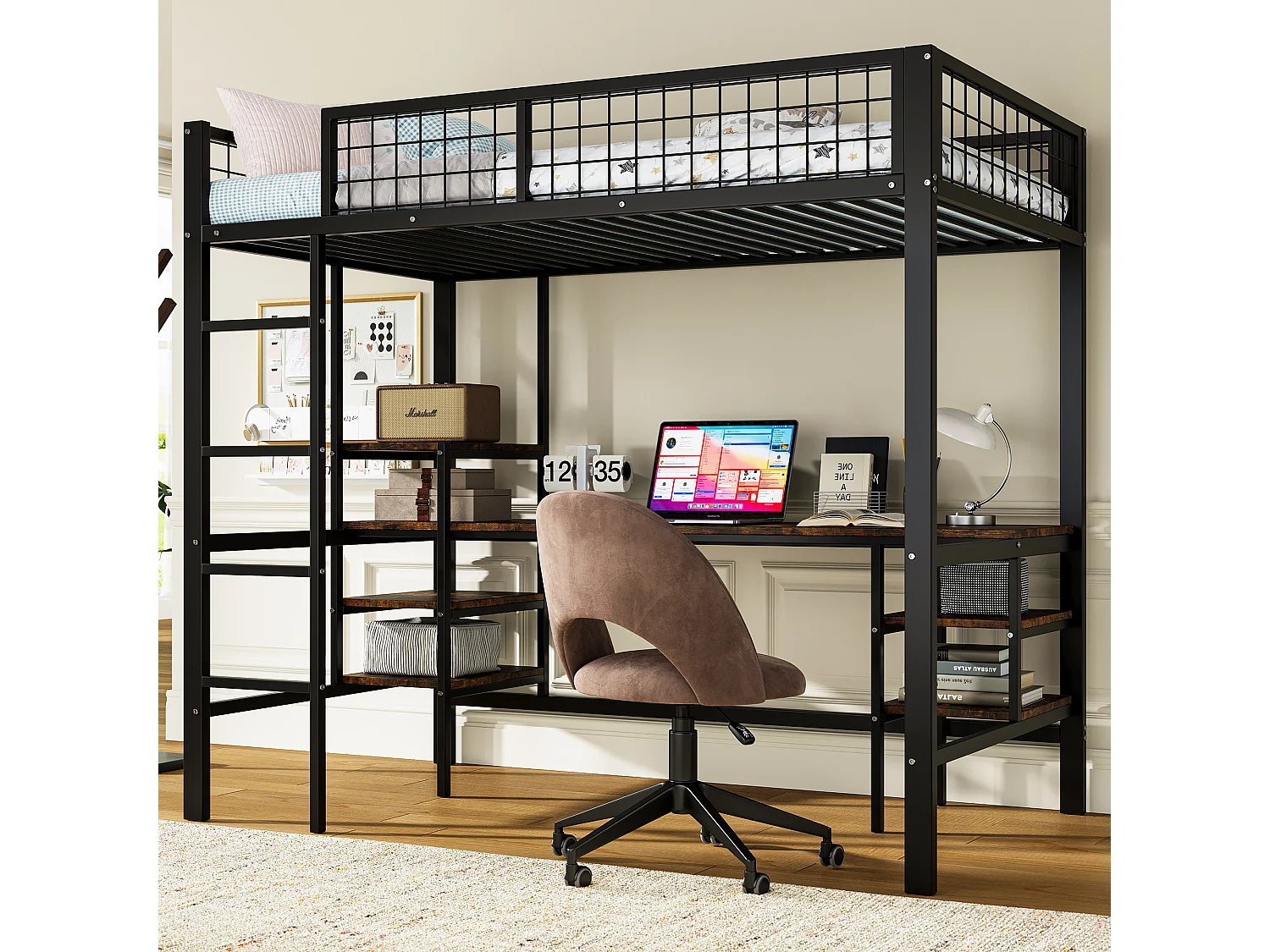 Letto a castello in ferro 90x200 cm – Per bambini/ragazzi, con tavolo, ripiano, scaletta a 4 gradini, nero + legno scuro