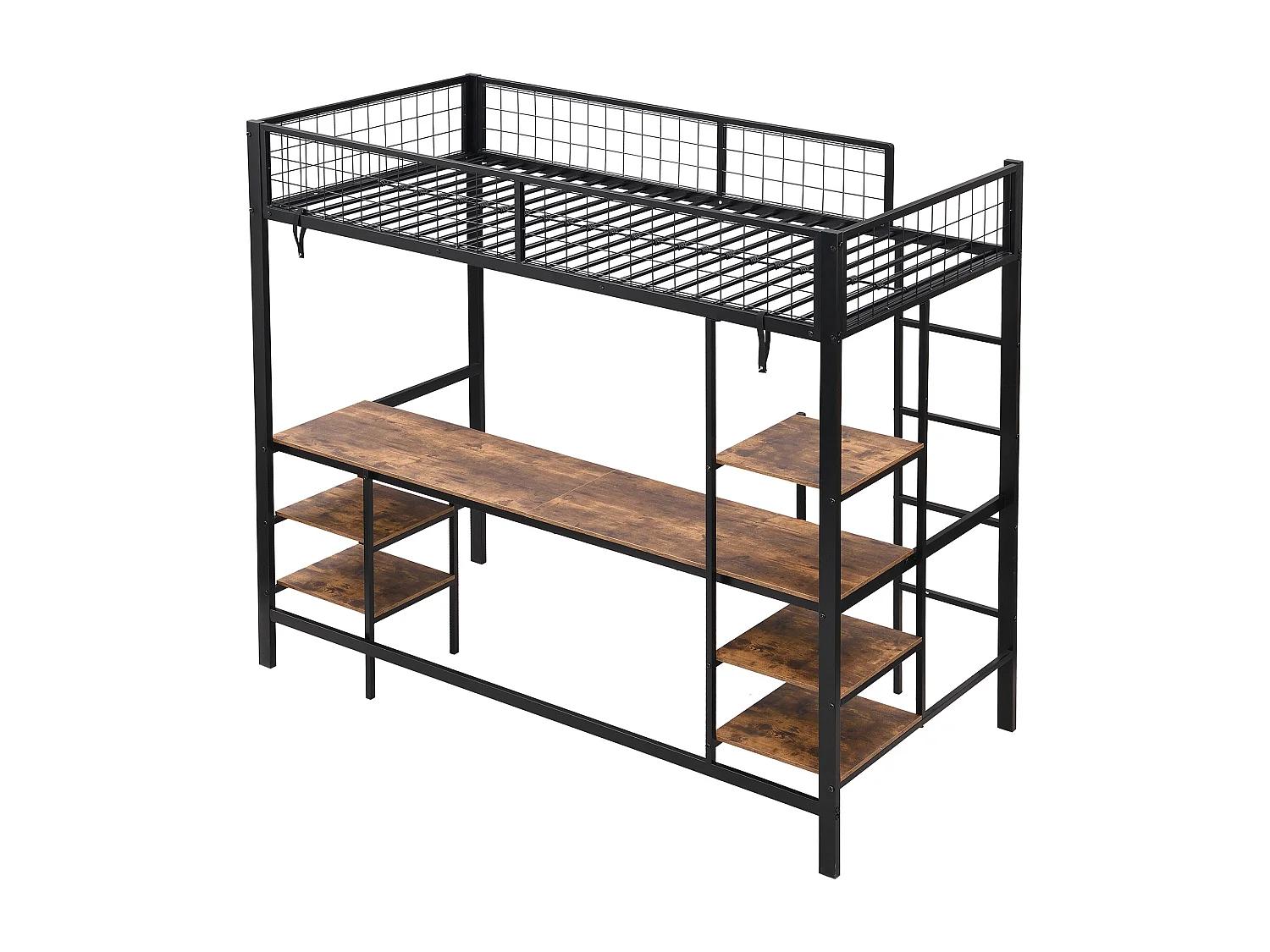 Letto a castello in ferro 90x200 cm – Per bambini/ragazzi, con tavolo, ripiano, scaletta a 4 gradini, nero + legno scuro