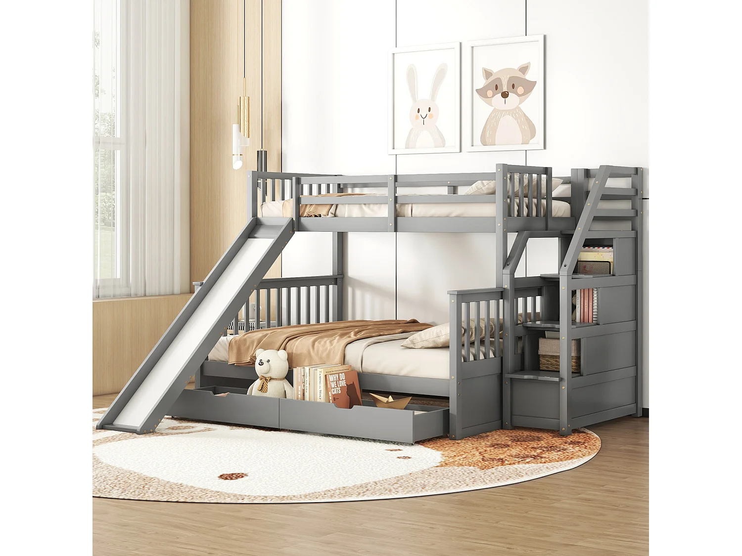 Lit superposé bois massif 90x200 + 140x200 cm – Escalier rangement et toboggan gris