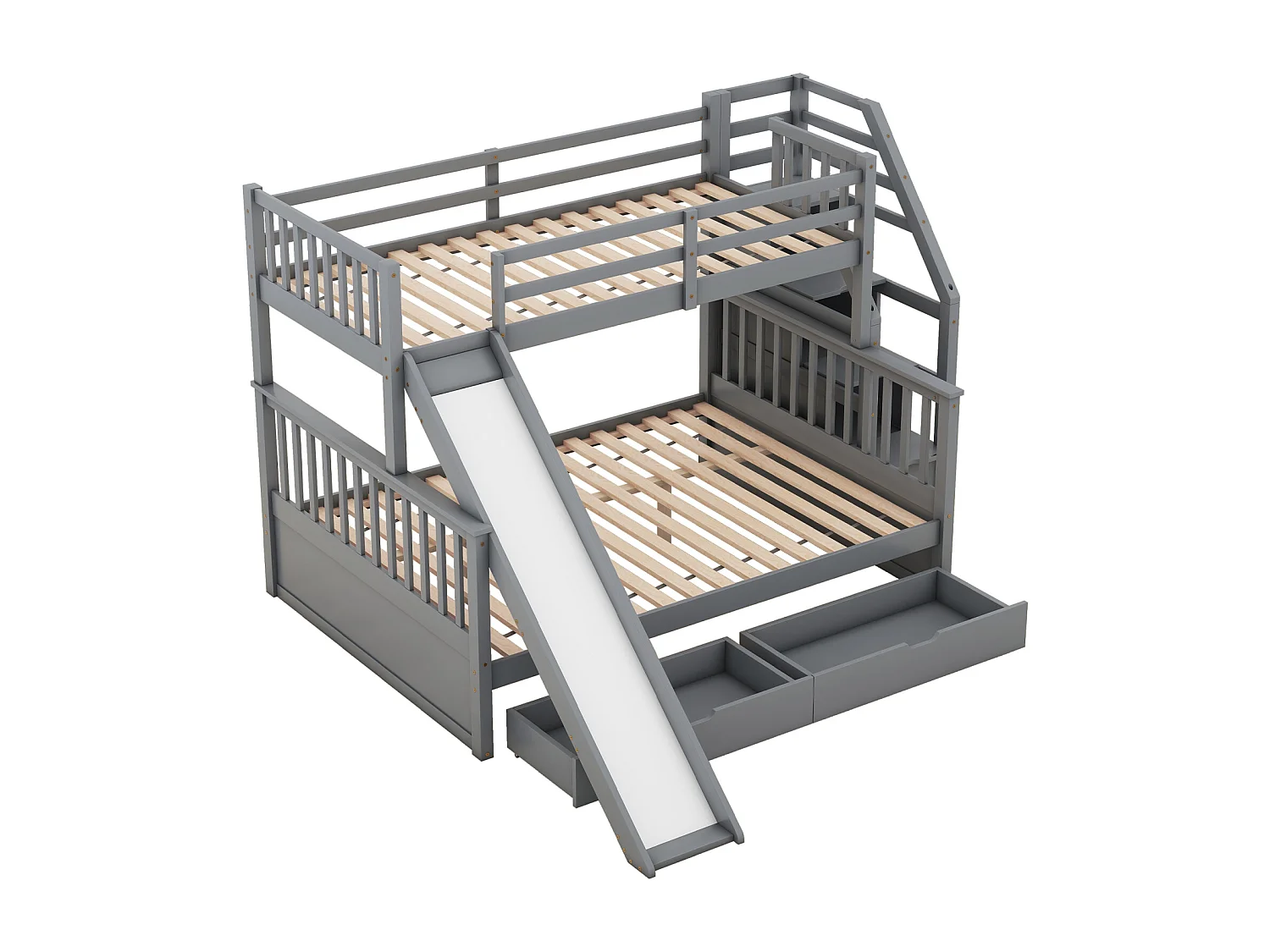 Lit superposé bois massif 90x200 + 140x200 cm – Escalier rangement et toboggan gris