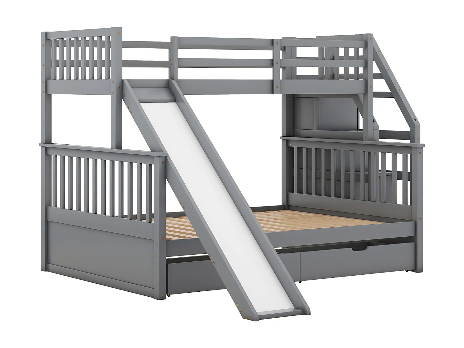 Lit superposé bois massif 90x200 + 140x200 cm – Escalier rangement et toboggan gris