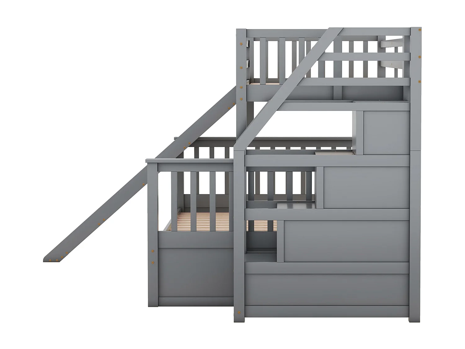 Lit superposé bois massif 90x200 + 140x200 cm – Escalier rangement et toboggan gris