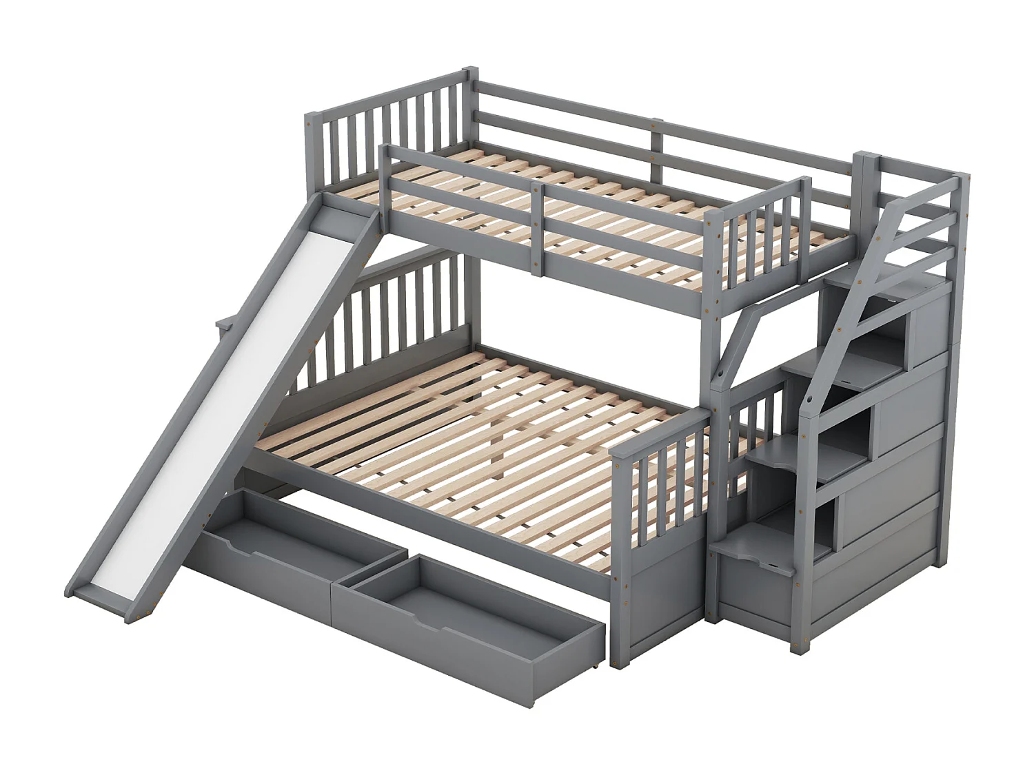 Lit superposé bois massif 90x200 + 140x200 cm – Escalier rangement et toboggan gris