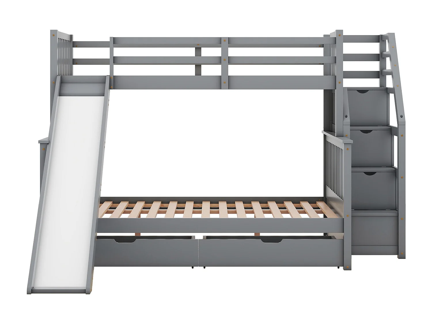 Lit superposé bois massif 90x200 + 140x200 cm – Escalier rangement et toboggan gris