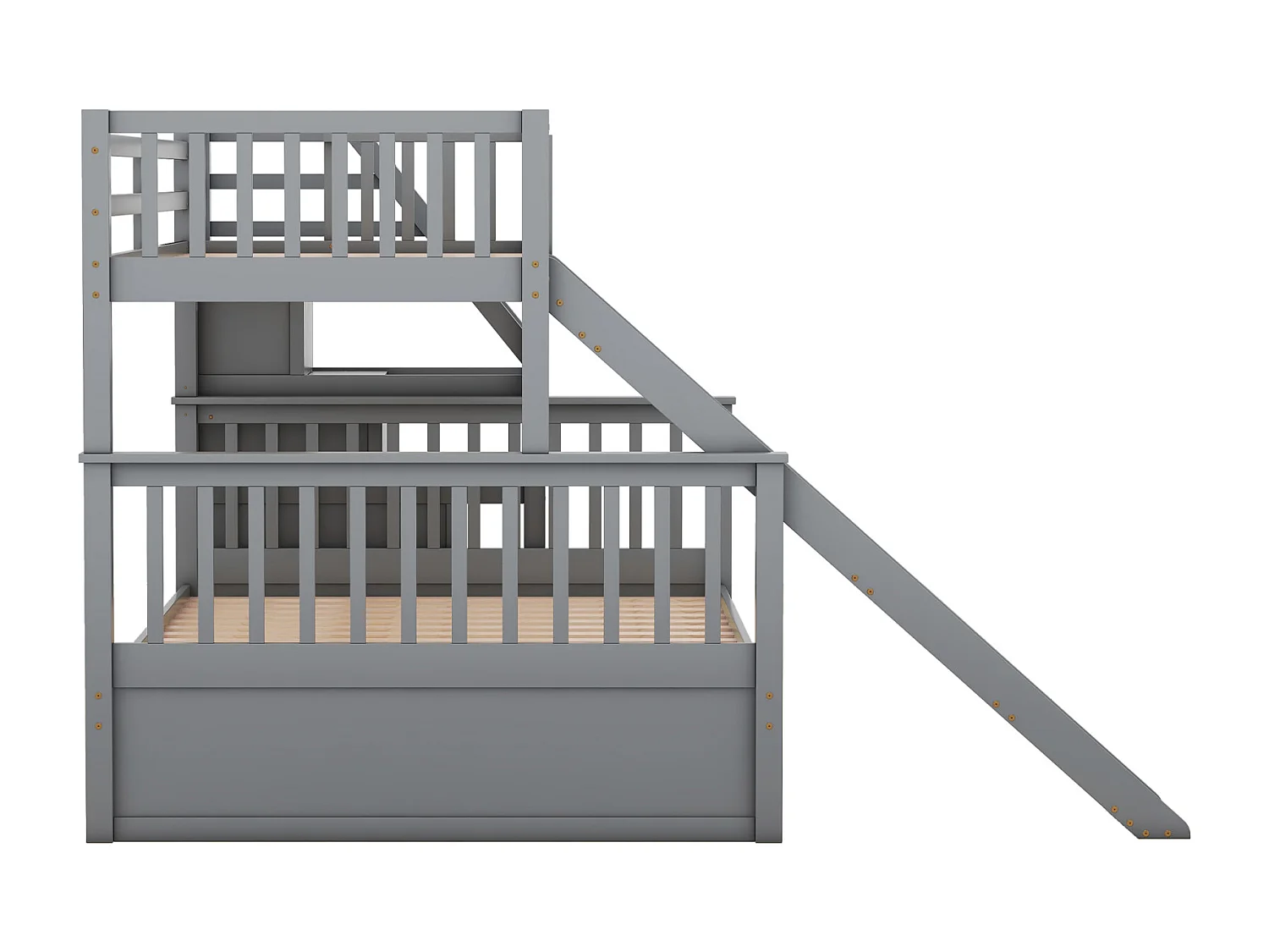 Lit superposé bois massif 90x200 + 140x200 cm – Escalier rangement et toboggan gris
