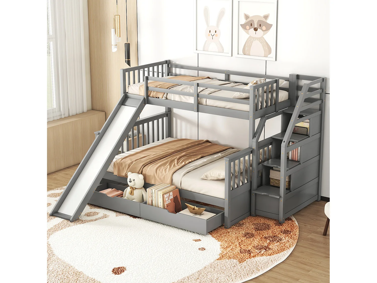 Lit superposé bois massif 90x200 + 140x200 cm – Escalier rangement et toboggan gris