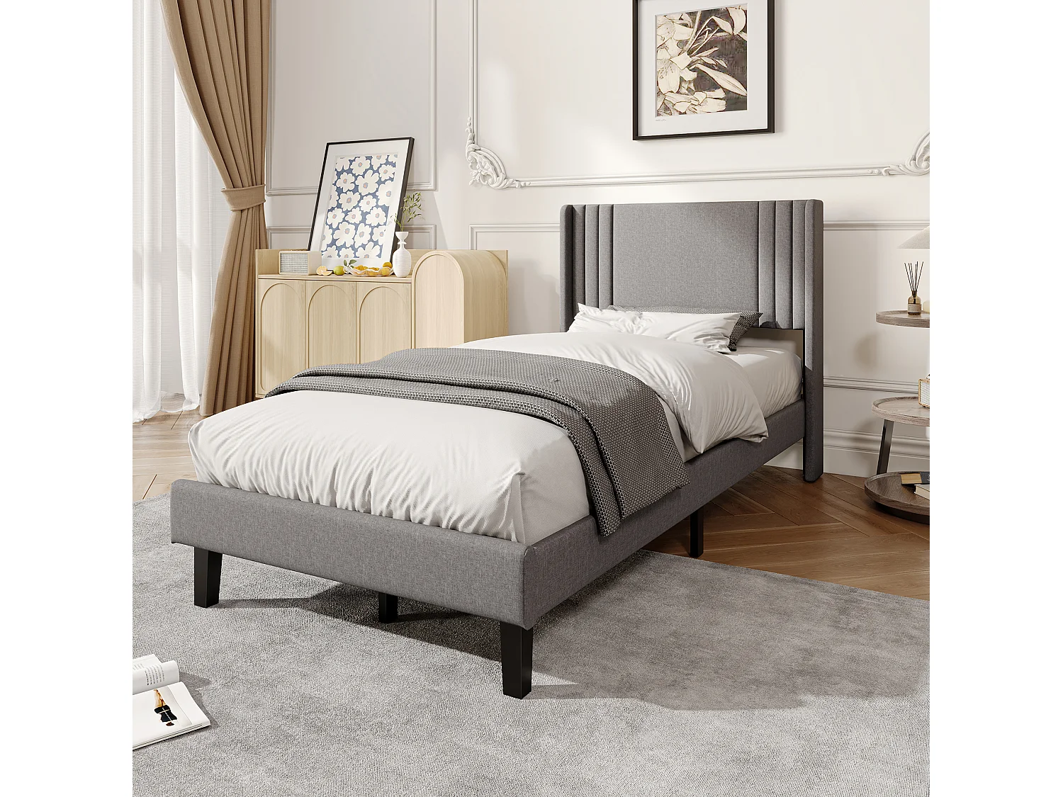 Lit 90x200 Gris Lin - Tête de Lit Capitonnée Moderne - Cadre à Lattes Robuste - Capacité 800 lbs - Montage Rapide