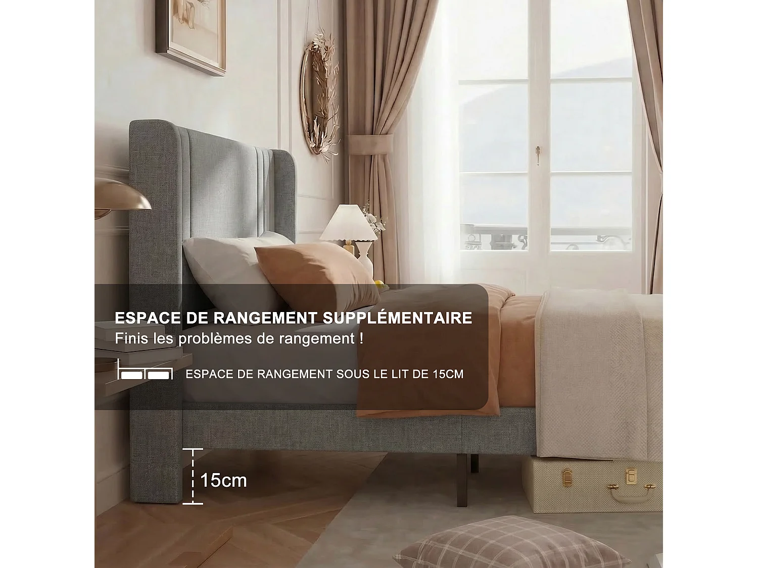 Lit 90x200 Gris Lin - Tête de Lit Capitonnée Moderne - Cadre à Lattes Robuste - Capacité 800 lbs - Montage Rapide