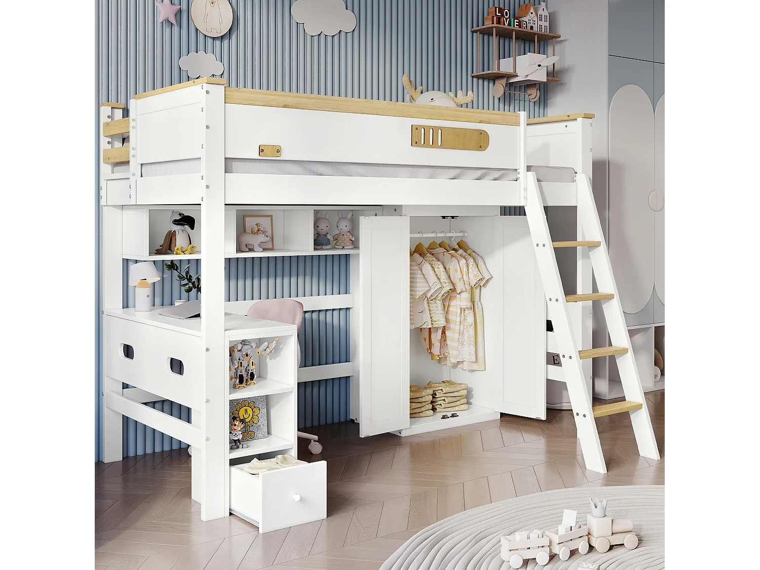 Lit superposé enfant 90x200 cm – Barrière sécurité, table, armoire, étagère, échelle 4 marches, pin + MDF + contreplaqué blanc/naturel