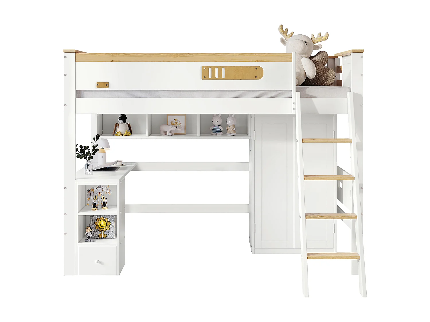 Lit superposé enfant 90x200 cm – Barrière sécurité, table, armoire, étagère, échelle 4 marches, pin + MDF + contreplaqué blanc/naturel