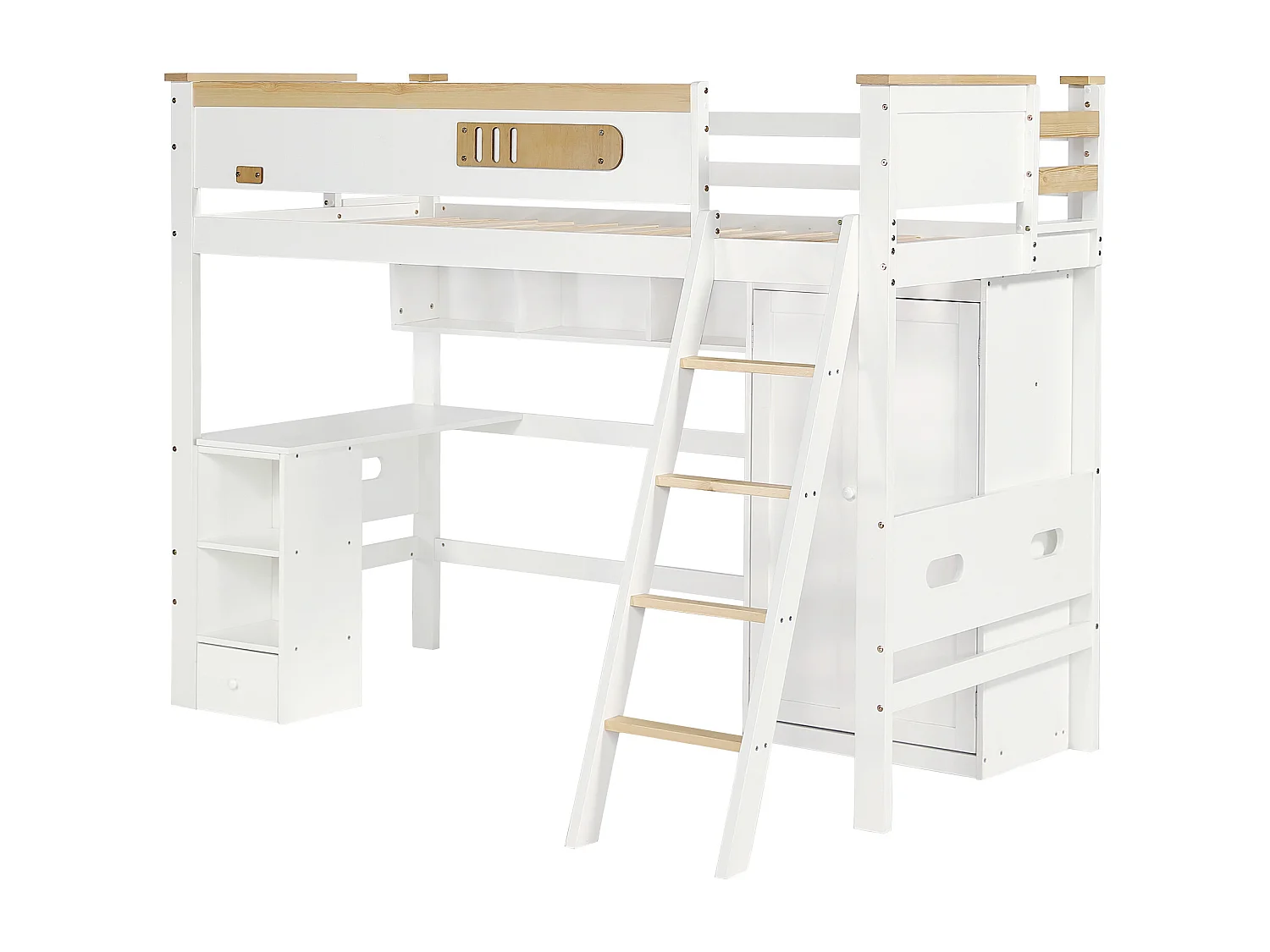 Lit superposé enfant 90x200 cm – Barrière sécurité, table, armoire, étagère, échelle 4 marches, pin + MDF + contreplaqué blanc/naturel