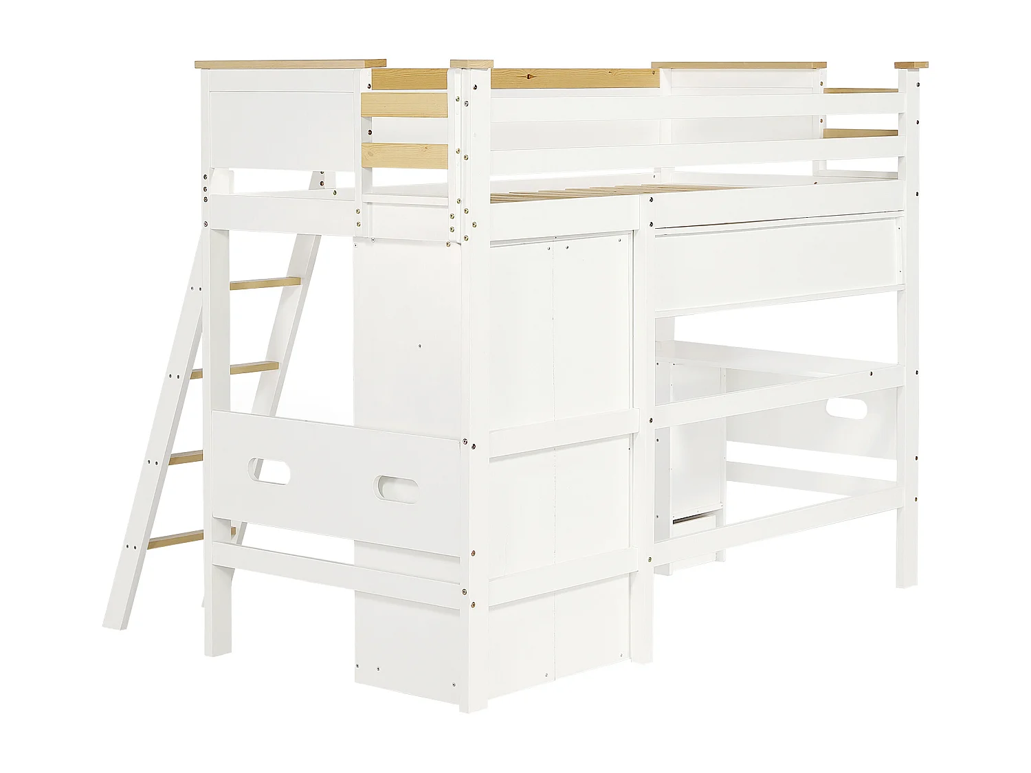 Lit superposé enfant 90x200 cm – Barrière sécurité, table, armoire, étagère, échelle 4 marches, pin + MDF + contreplaqué blanc/naturel