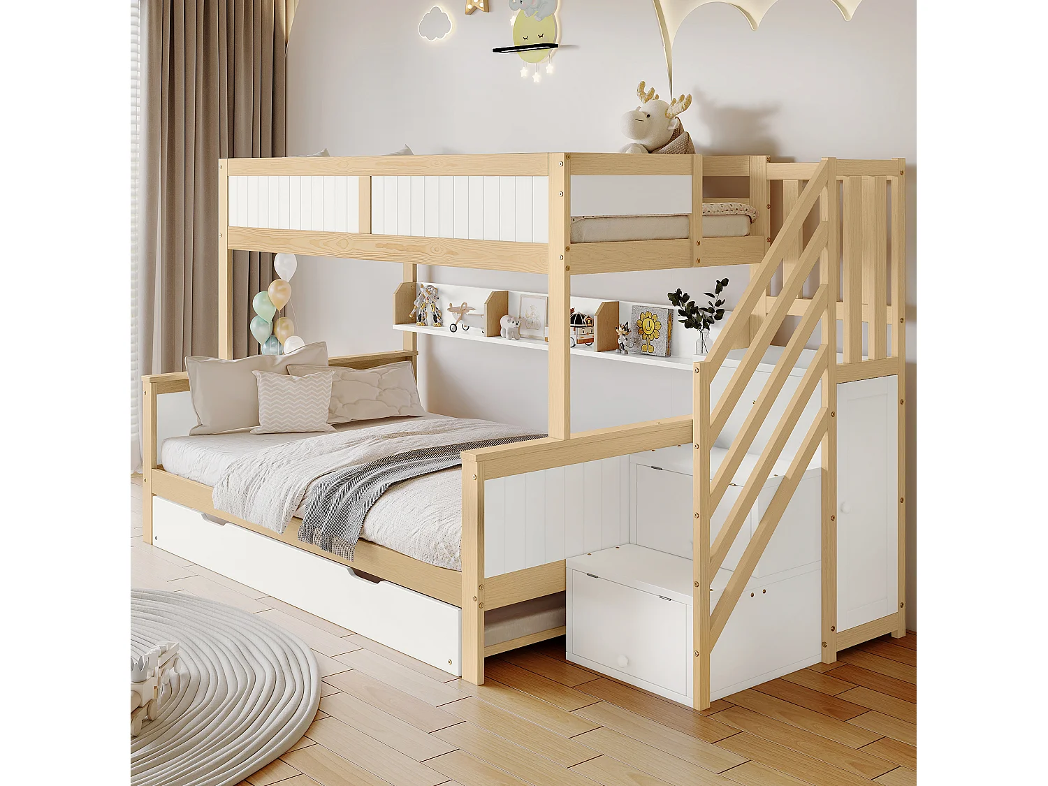 Lit superposé enfant 90x200/190/120 cm – Barrière sécurité, lit gigogne, armoire, échelle d’angle, pin + MDF blanc/naturel
